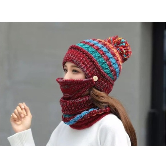 Red Hat with Face Mask and Scarf Fleece Lined New - Picture 2 of 4